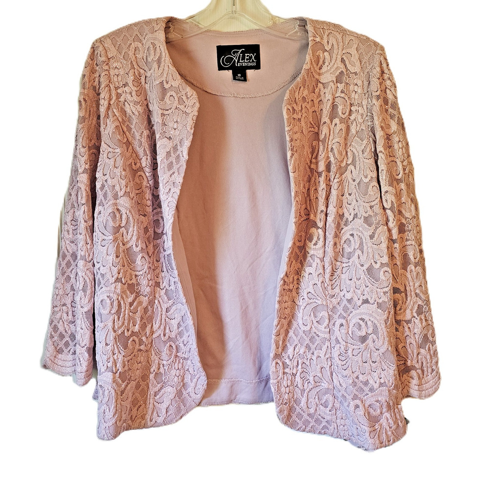 Alex Evenings Lace Jacket Womens 10 Blush Pink Open Front Sparkle Formal NWT